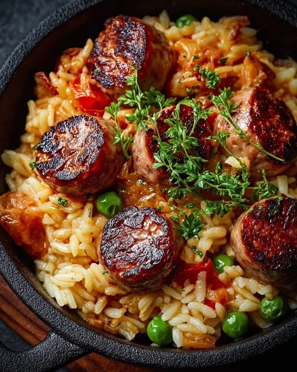 Wurst-Reis-Pfanne mit buntem Gemüse und Wurststücken, serviert in einer Pfanne.