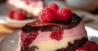Himbeer-Brownie-Cheesecake mit Schokoladensauce und Himbeeren