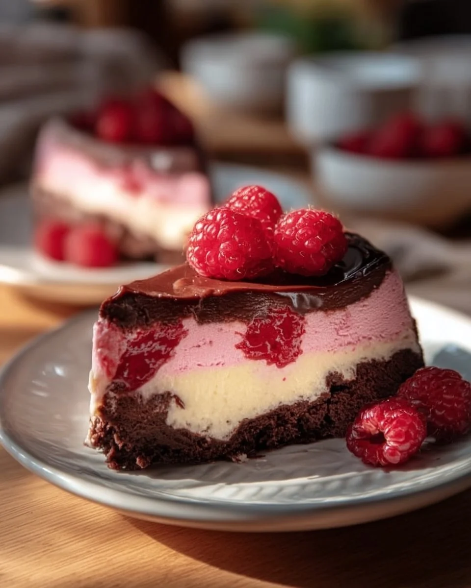 Himbeer-Brownie-Cheesecake mit Schokoladensauce und Himbeeren