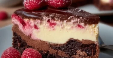Leckerer Himbeer-Brownie-Cheesecake auf einem Teller serviert.