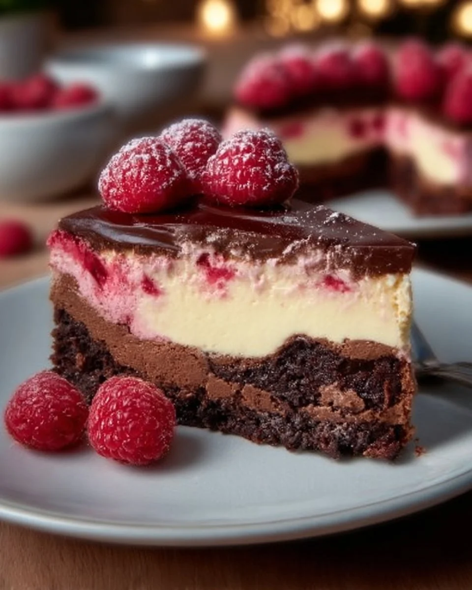 Leckerer Himbeer-Brownie-Cheesecake auf einem Teller serviert.