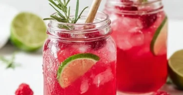Erfrischende Himbeer-Limonade mit Rosmarin und Limette in einem Glas.
