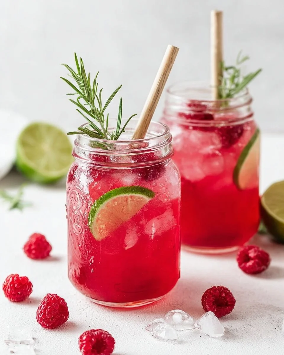 Erfrischende Himbeer-Limonade mit Rosmarin und Limette in einem Glas.