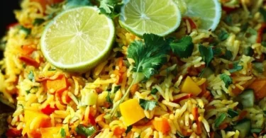 Indisch gewürzter Reis Salat mit Mango auf einem Teller