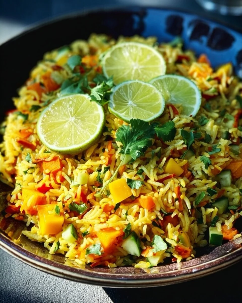 Indisch gewürzter Reis Salat mit Mango auf einem Teller