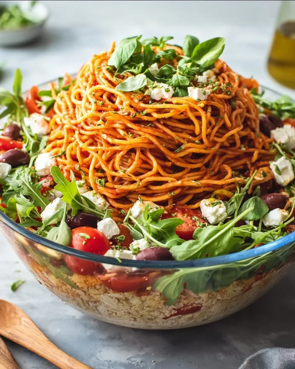 Italienischer Spaghetti-Schichtsalat mit frischen Zutaten und bunten Schichten