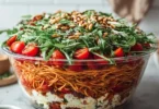Italienischer Spaghetti-Schichtsalat in einer bunten Schüssel.