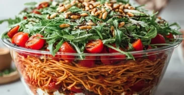 Italienischer Spaghetti-Schichtsalat in einer bunten Schüssel.