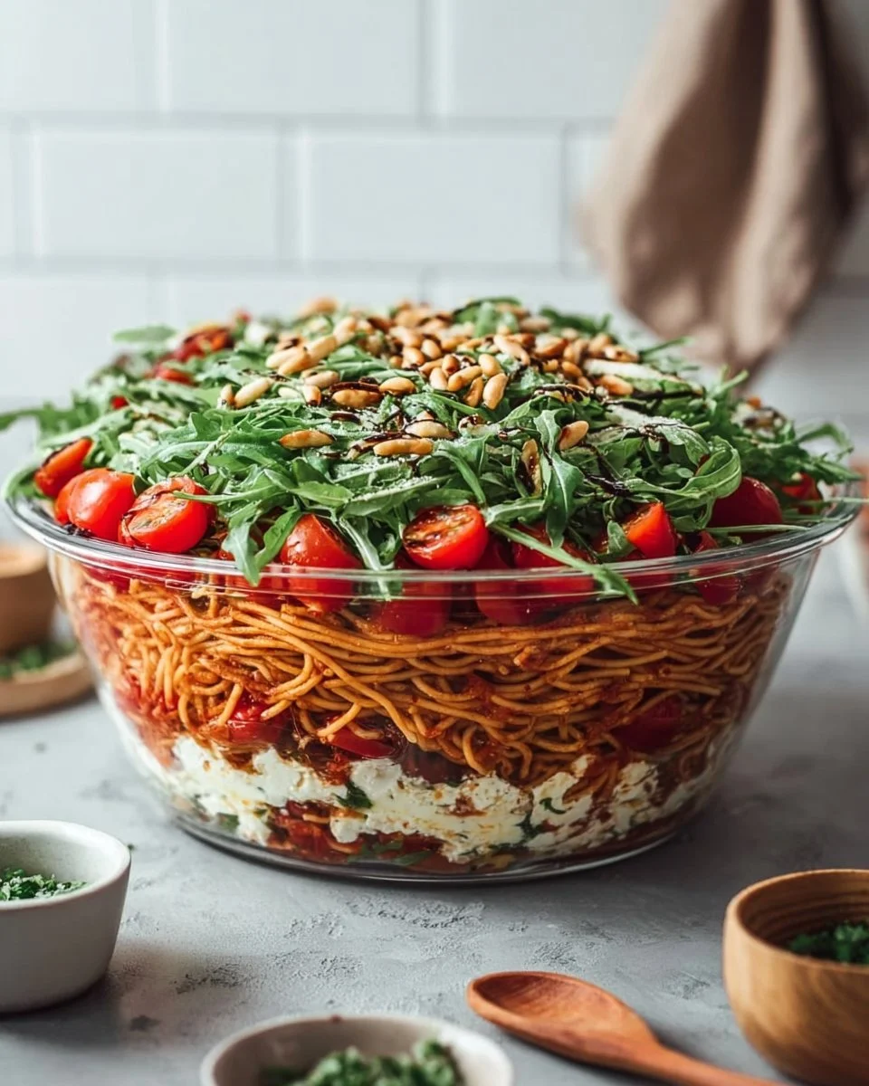 Italienischer Spaghetti-Schichtsalat in einer bunten Schüssel.