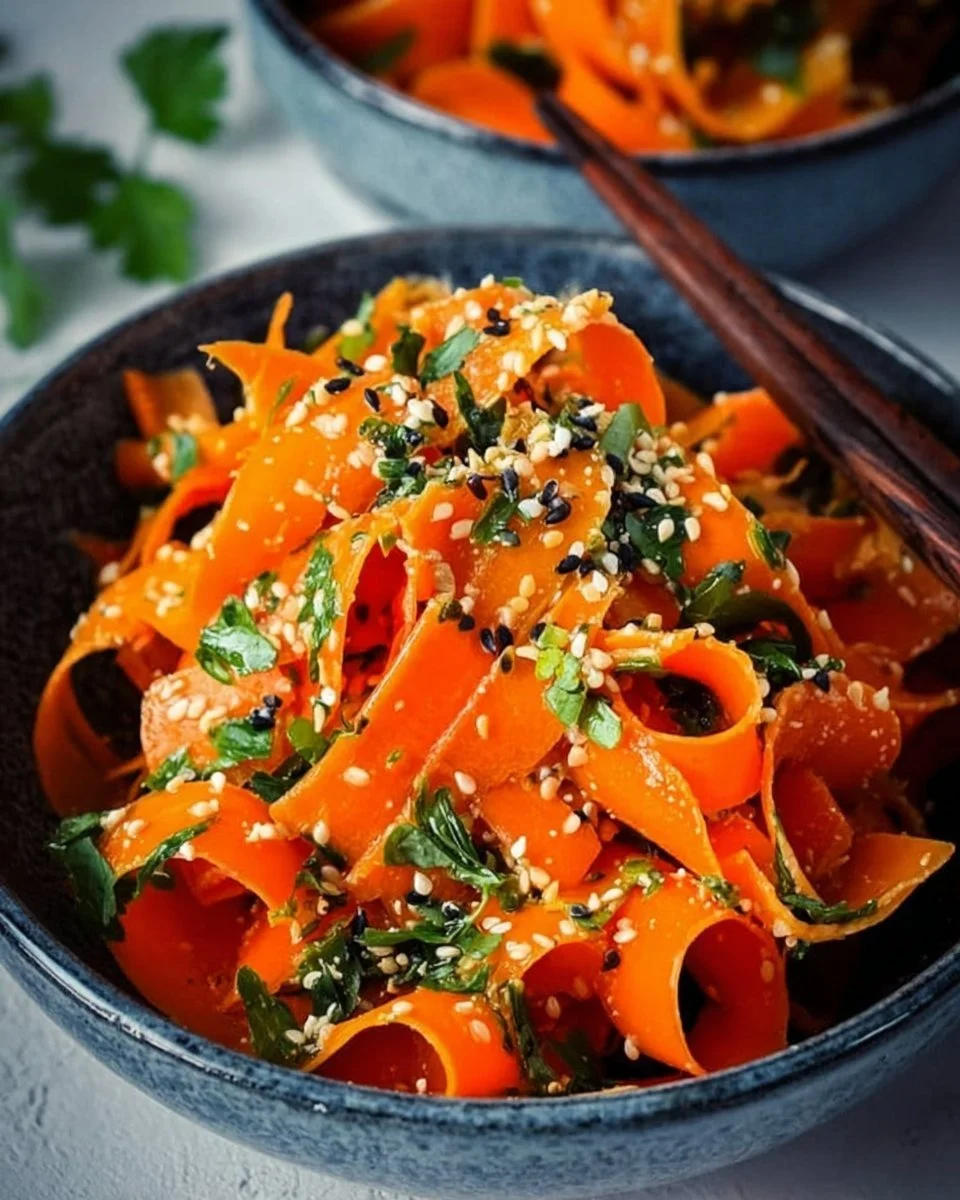 Karottensalat mit Ingwer und Sesam auf einem weißen Teller