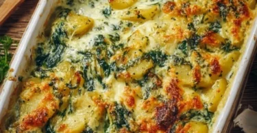 Kartoffel Spinat Auflauf mit Käse überbacken auf einem Teller serviert.