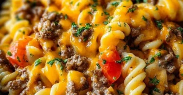 Leckere Käseburger-Auflauf mit geschmolzenem Käse und buntem Gemüse