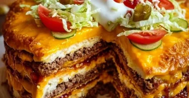 Käseburger-Torte aus Käse und Burger-Zutaten auf einem Teller