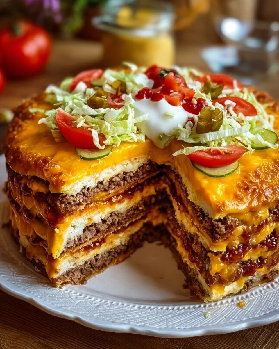 Käseburger-Torte aus Käse und Burger-Zutaten auf einem Teller