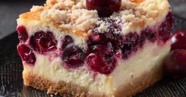 Käsekuchen mit Kirschen und Streuseln auf einem Teller serviert
