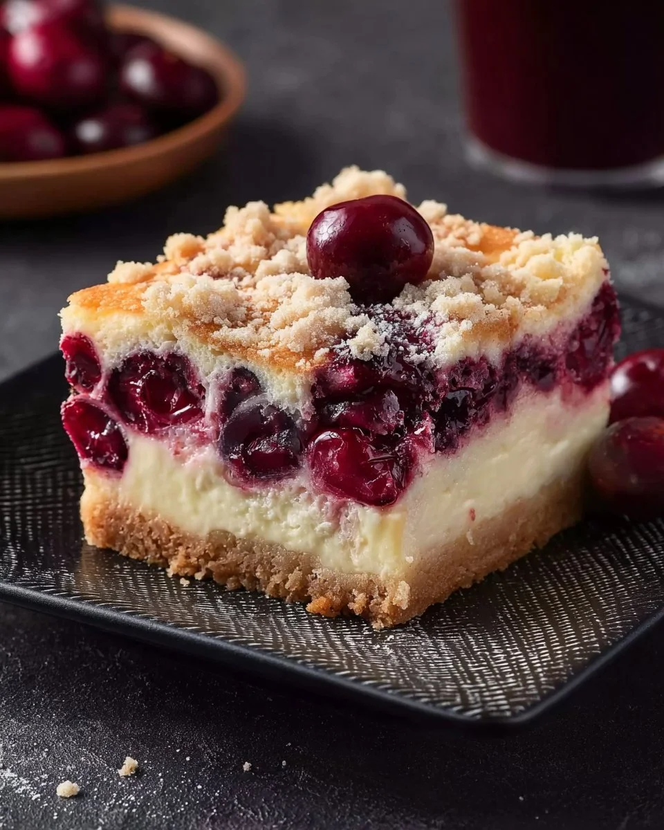 Käsekuchen mit Kirschen und Streuseln auf einem Teller serviert