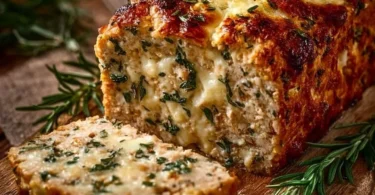 Knoblauch Parmesan Hähnchen Hackbraten serviert mit frischen Kräutern und Beilagen.
