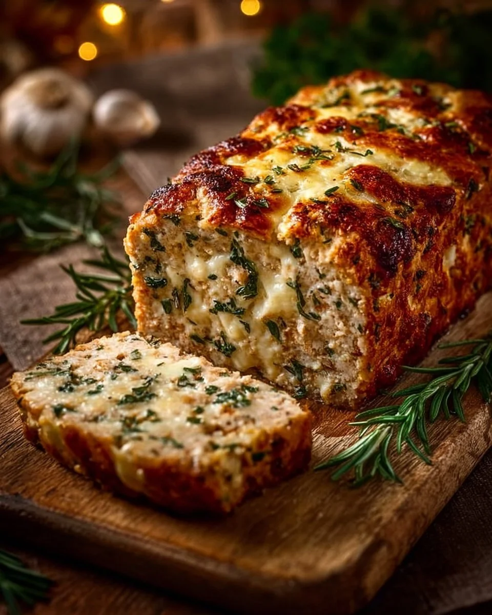 Knoblauch Parmesan Hähnchen Hackbraten serviert mit frischen Kräutern und Beilagen.