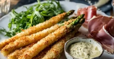 Knuspriger Parmesan Spargel aus dem Ofen auf einem weißen Teller