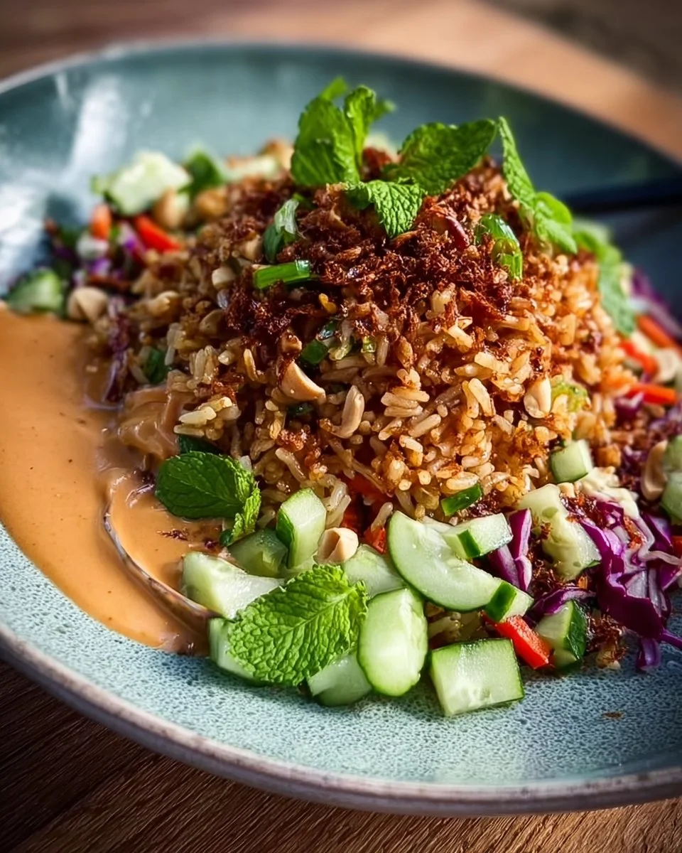 Knuspriger Satay-Reis-Salat mit Gemüse und Erdnusssauce auf einem Teller