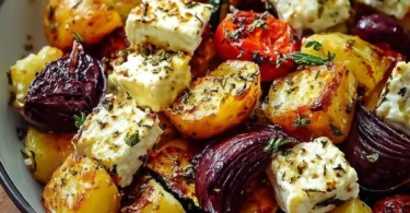 Köstliche Feta Kartoffeln aus dem Ofen, serviert mit frischem Gemüse