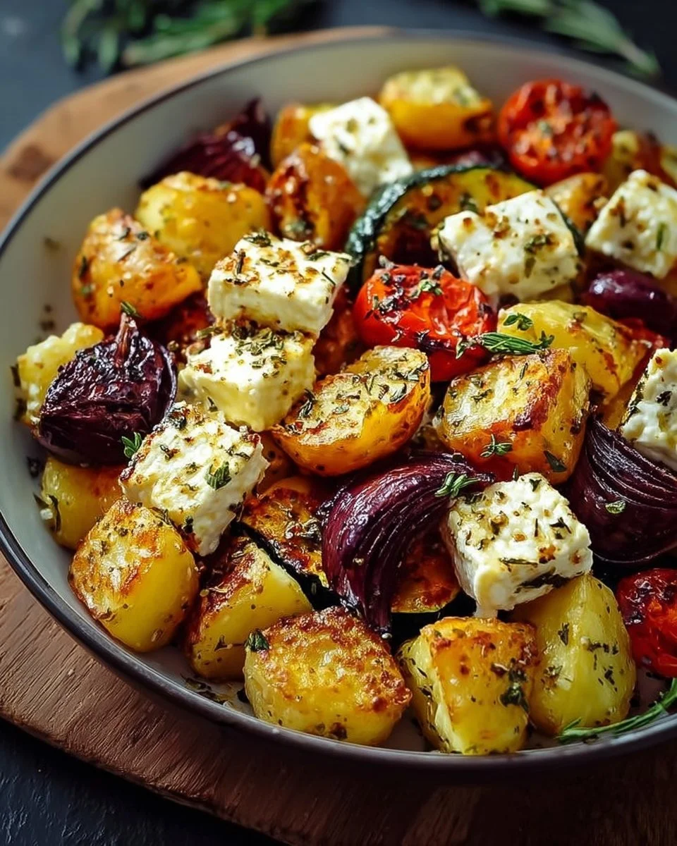 Köstliche Feta Kartoffeln aus dem Ofen, serviert mit frischem Gemüse