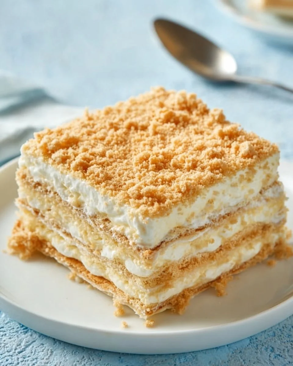 Kuchen mit Butterkeksen und Kondensmilch auf einem Teller serviert