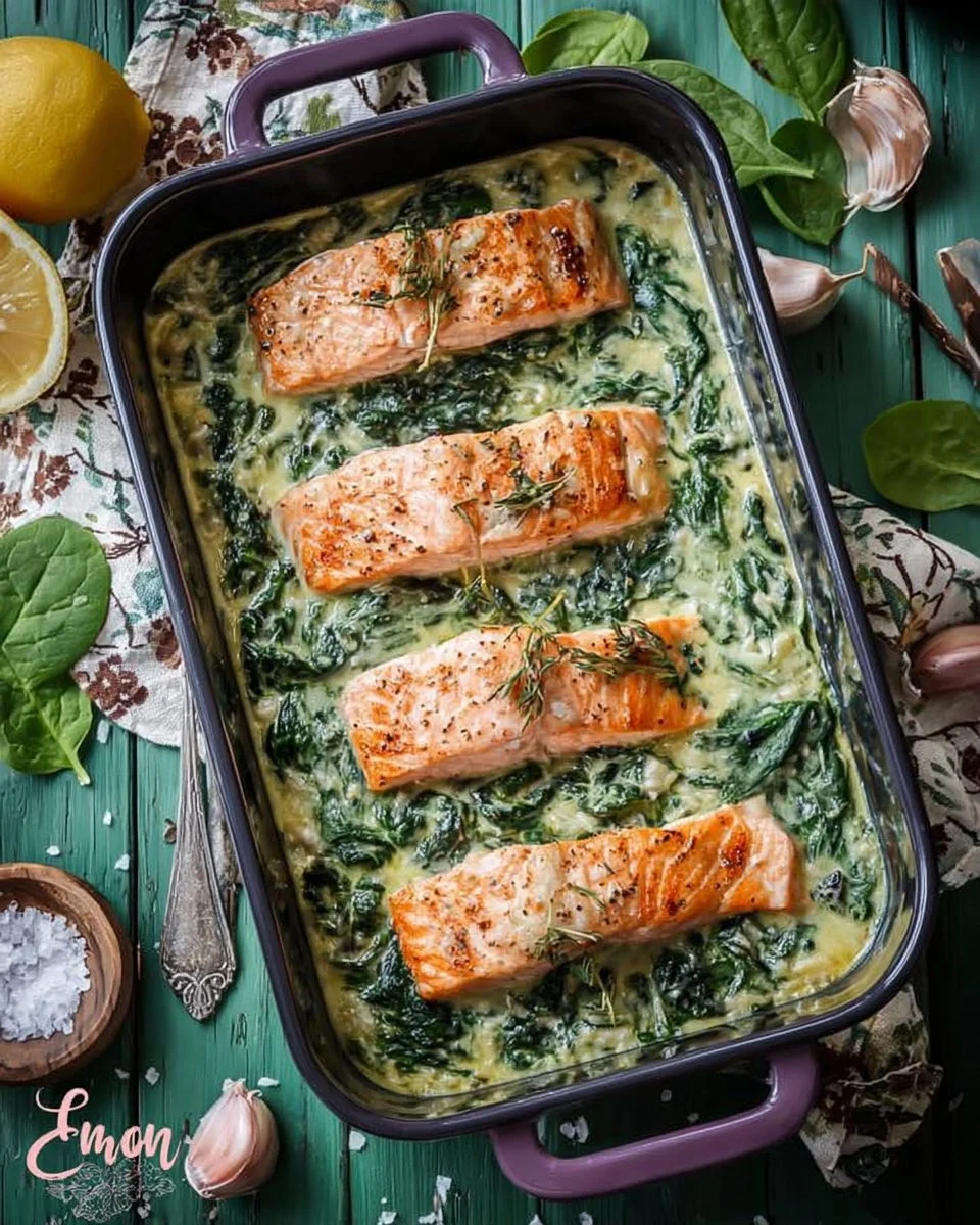 Lachsfilet auf cremigem Spinat-Rahmbett serviert.