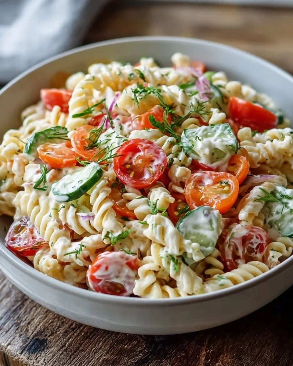 Leichter Nudelsalat mit Joghurt-Dressing in einer Schüssel