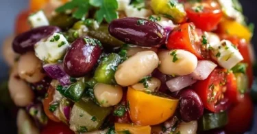 Eine Schüssel mediterraner Bohnensalat mit frischem Gemüse und Kräutern.