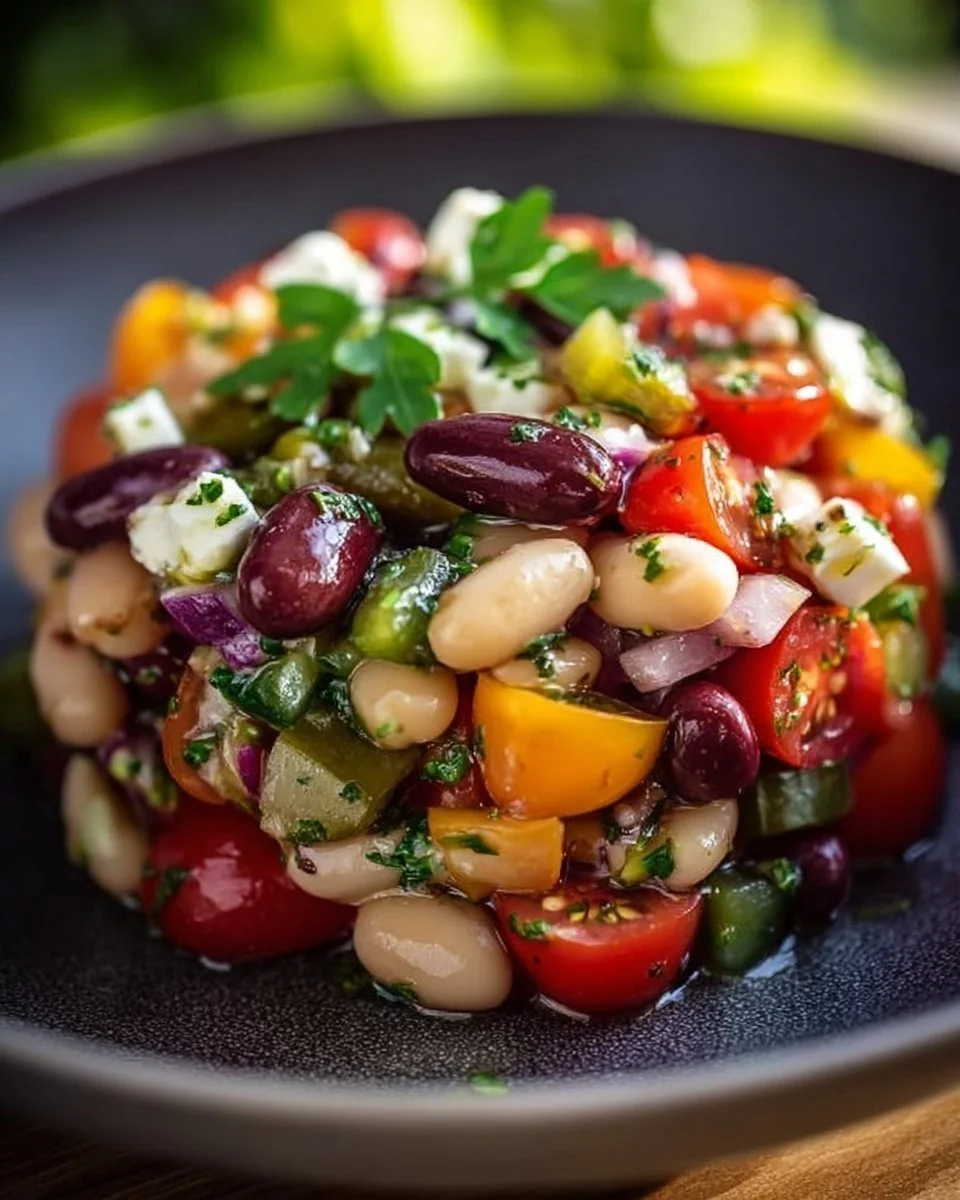 Eine Schüssel mediterraner Bohnensalat mit frischem Gemüse und Kräutern.