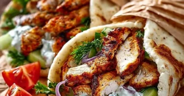 Mediterranes Hähnchen-Gyros mit Feta-Tzatziki auf einem Teller serviert