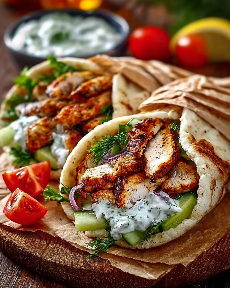 Mediterranes Hähnchen-Gyros mit Feta-Tzatziki auf einem Teller serviert