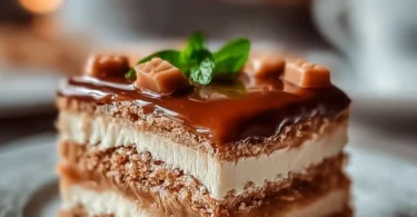 Zutaten und Stück Milchmädchen-Kuchen auf einem Teller