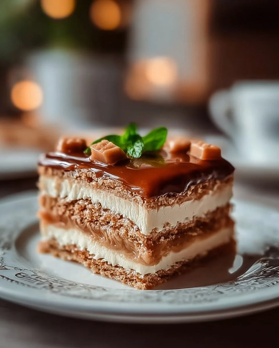 Zutaten und Stück Milchmädchen-Kuchen auf einem Teller