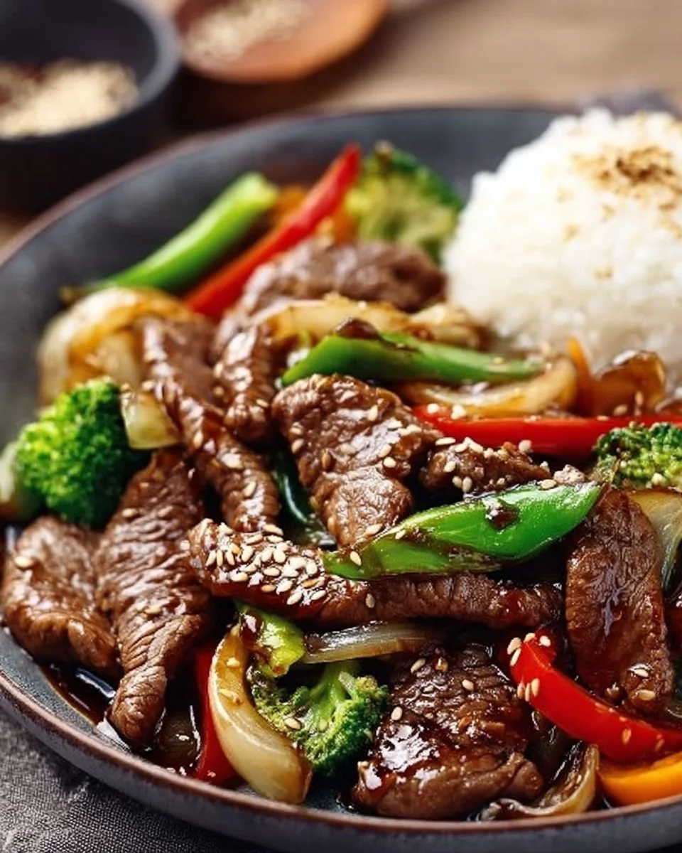 Mongolisches Rindfleisch zubereitet und serviert auf einem Teller
