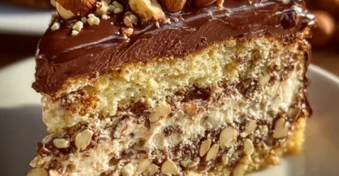 Nusskuchen mit Nougatcreme auf einem Teller serviert
