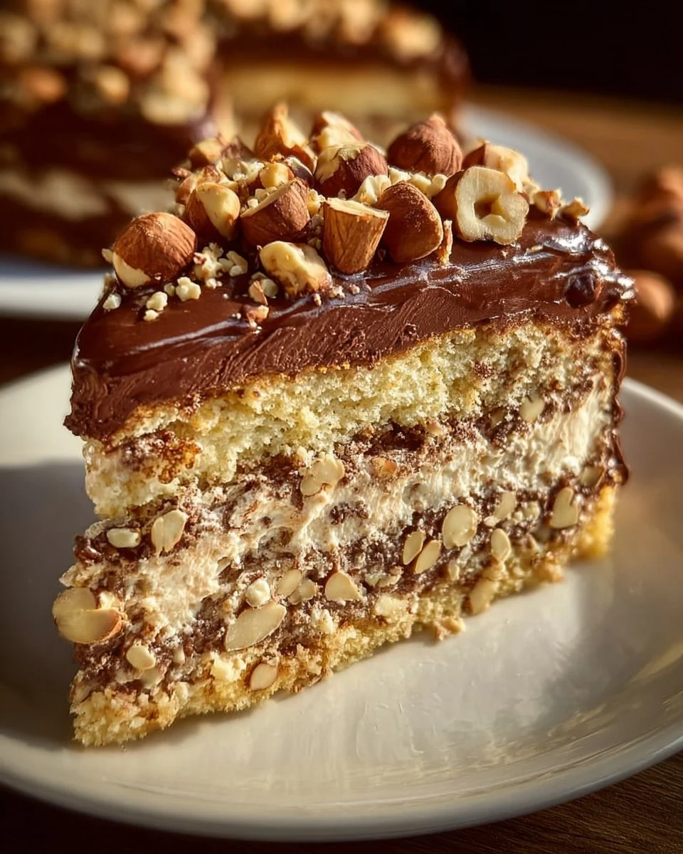Nusskuchen mit Nougatcreme auf einem Teller serviert