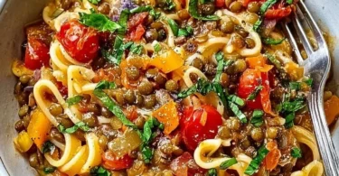Ein Teller One-Pot-Pasta mit Linsen, frisch zubereitet und serviert