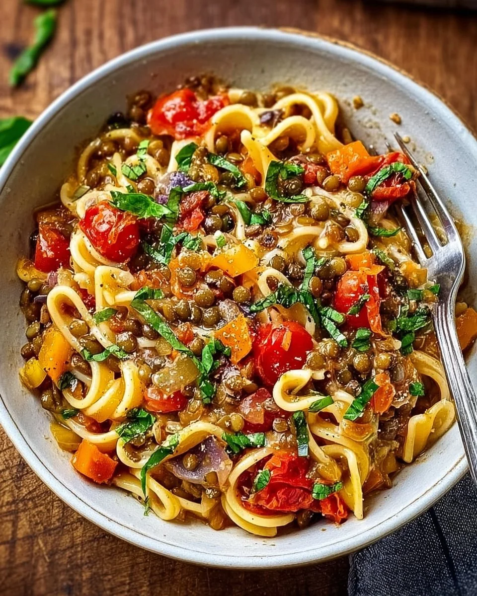 Ein Teller One-Pot-Pasta mit Linsen, frisch zubereitet und serviert