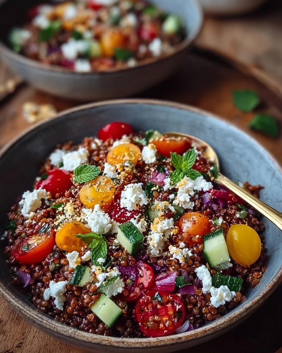 Orientalischer Rote Linsensalat mit Feta, gesundes Rezept für eine leckere Mahlzeit.