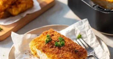 Panierter Feta aus der Heißluftfritteuse auf einem Teller serviert