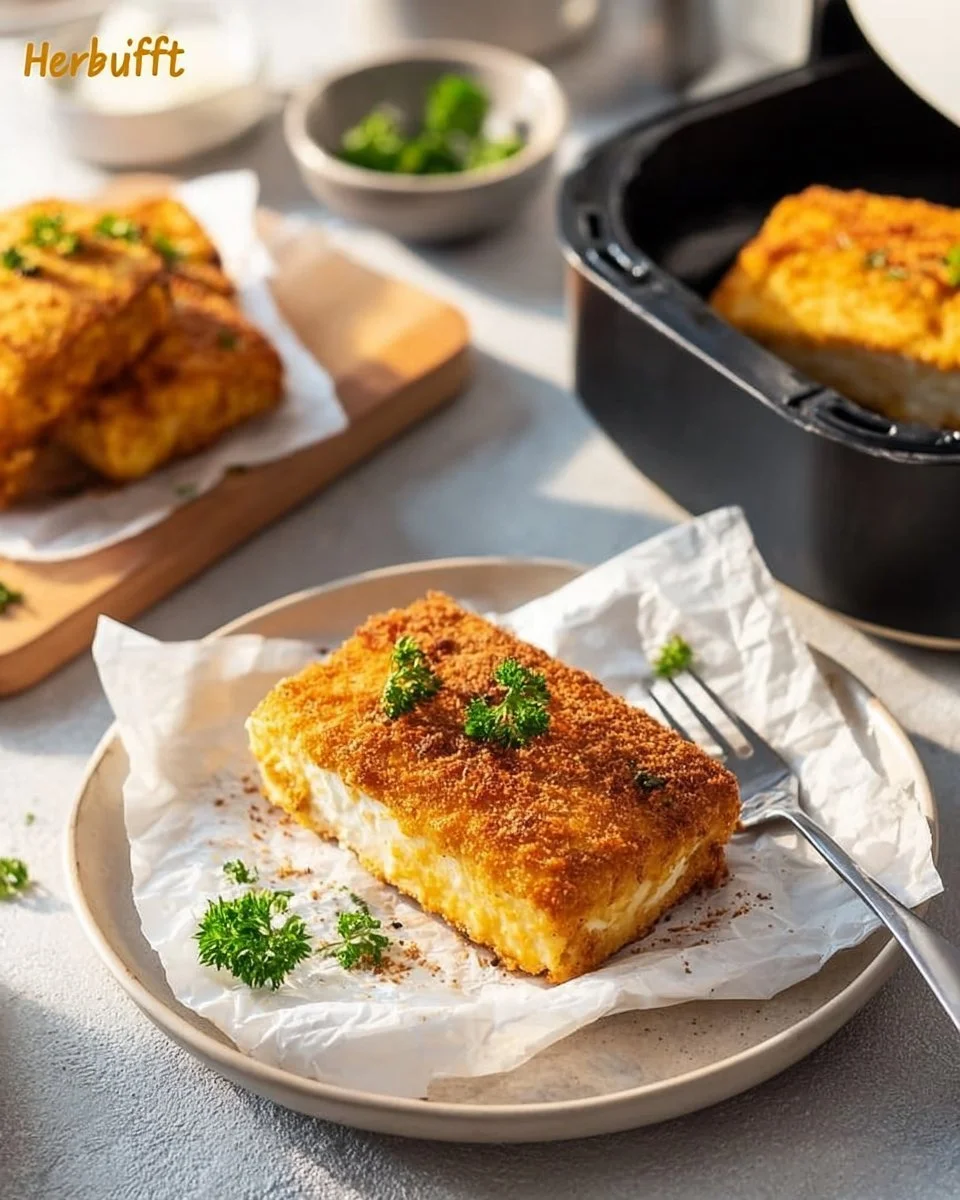 Panierter Feta aus der Heißluftfritteuse auf einem Teller serviert