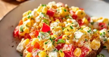 Paprika-Mais-Salat mit Feta und Joghurt in einer Schüssel serviert