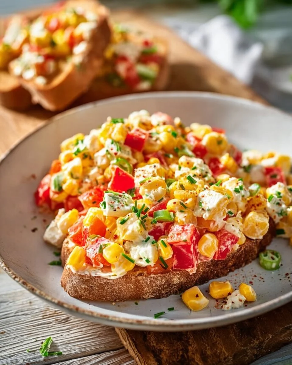 Paprika-Mais-Salat mit Feta und Joghurt in einer Schüssel serviert