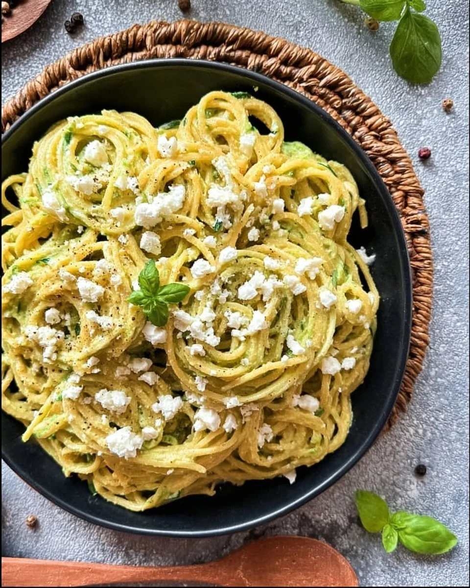 Teller mit Pasta und frischer Zucchini-Sauce, ideal für gesunde Ernährung.