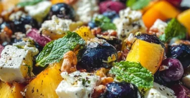 Pfirsich Blaubeer Feta Salat in einer Schüssel, perfekt für den Sommer