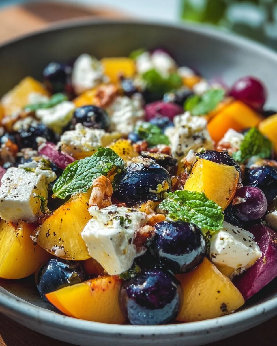 Pfirsich Blaubeer Feta Salat in einer Schüssel, perfekt für den Sommer