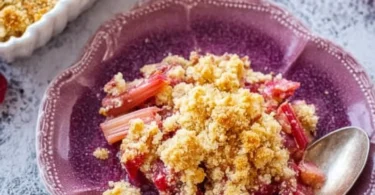 Leckeres Rhabarber-Crumble aus frischem Rhabarber und knusprigem Topping.