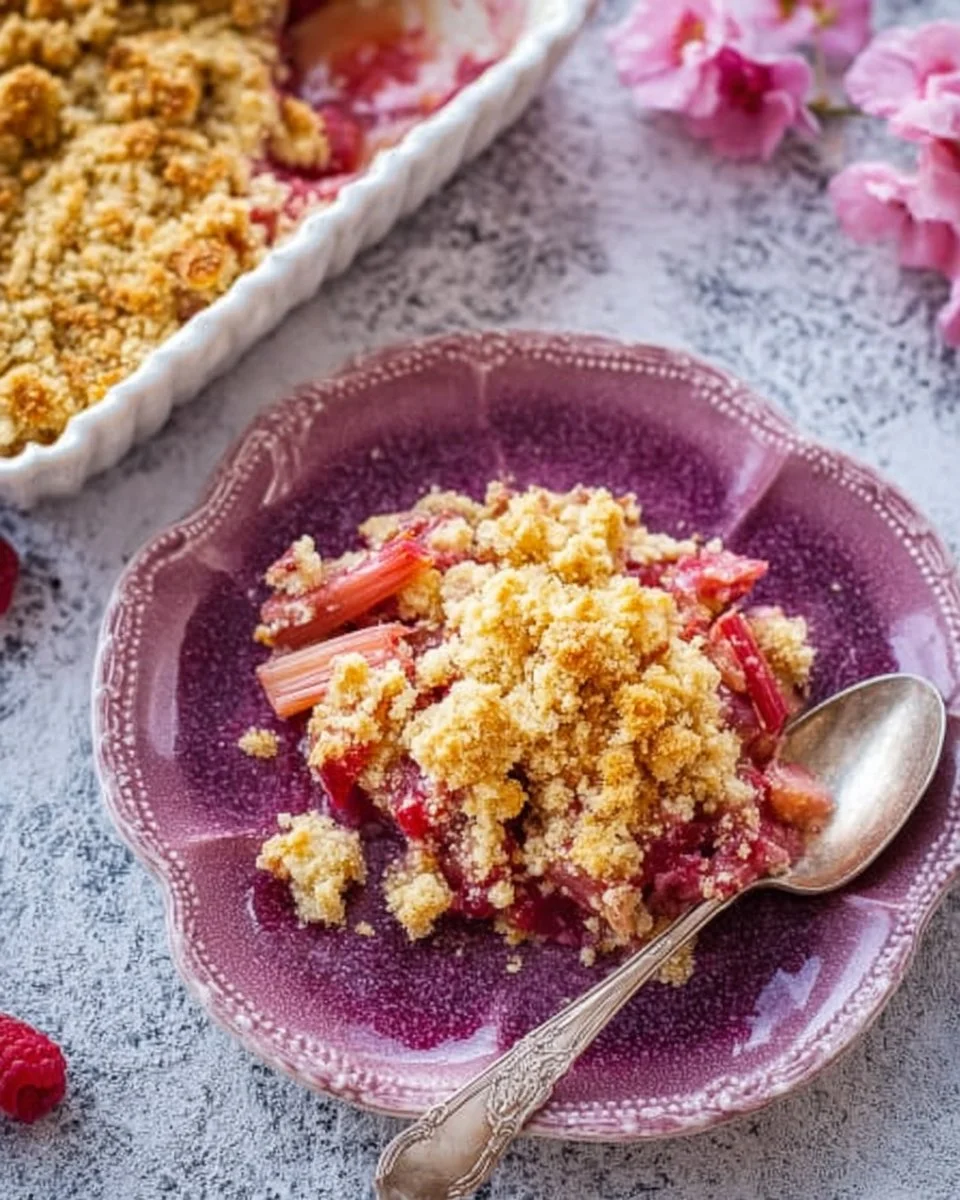 Leckeres Rhabarber-Crumble aus frischem Rhabarber und knusprigem Topping.